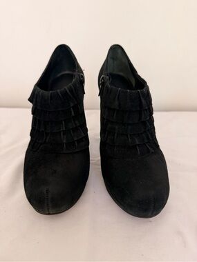 Women’s Black Suede Ruffle Ankle Booties